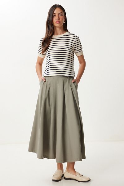 Happiness İstanbul Women's Dark Green Pocketed Gabardine Flared Skirt Gp00026
