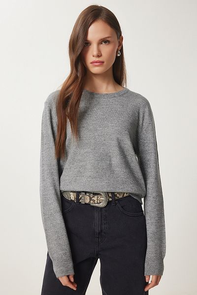 Happiness İstanbul Women's Gray Crew Neck Basic Knitwear Sweater Us01004