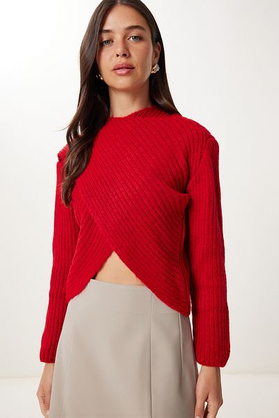 Happiness İstanbul Women's Red Cross Detailed Ribbed Knitwear Sweater Dp00269