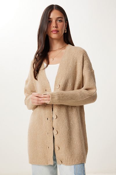 Happiness İstanbul Women's Beige Buttoned Long Knitwear Cardigan Mx00244