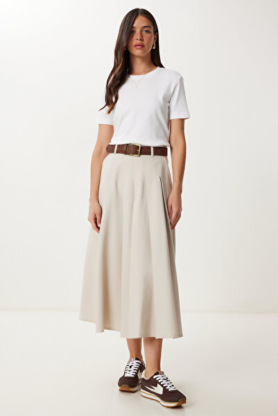 Happiness İstanbul Women's Stone Pocket Gabardine Flared Skirt Gp00026