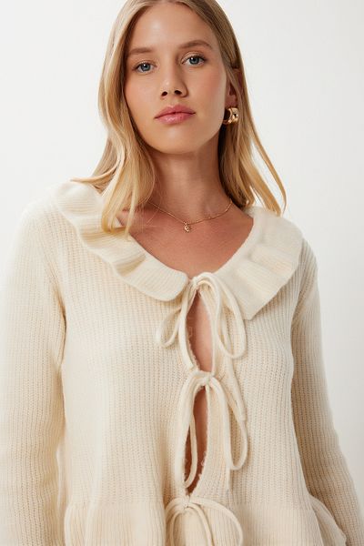 Happiness İstanbul Women's Cream Flounce Tie Detail Knitwear Cardigan Mx00247