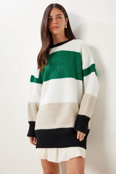 Happiness İstanbul Women's Green Ecru Striped Oversize Knitwear Sweater Mx00241
