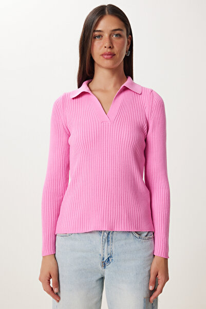 Happiness İstanbul Kadın Pembe Polo Yaka Fitilli Triko Kazak VA00028