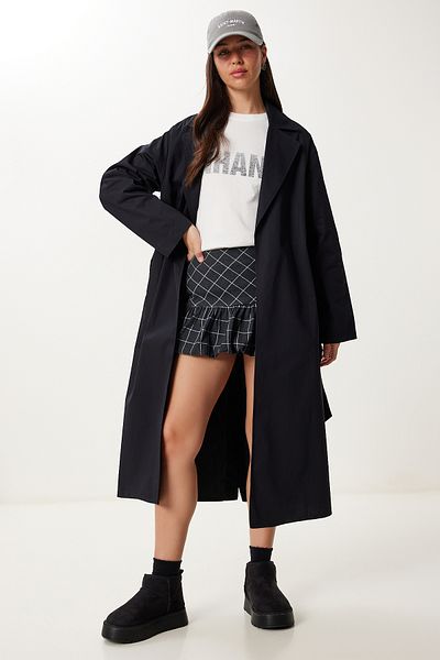 Happiness İstanbul Women's Black Double Breasted Collar Belted Trench Coat Fg00053