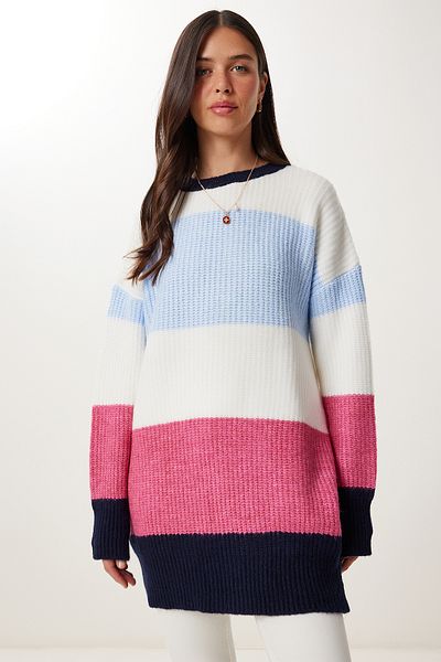 Happiness İstanbul Pulover de tricotaj oversize cu dungi albastre ecru pentru femei MX00241