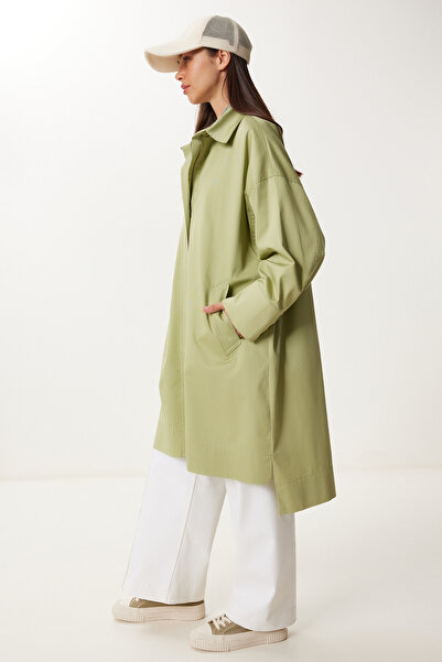 Happiness İstanbul Kadın Çağla Yeşili Fermuarlı Oversize Dokuma Trençkot FG00052