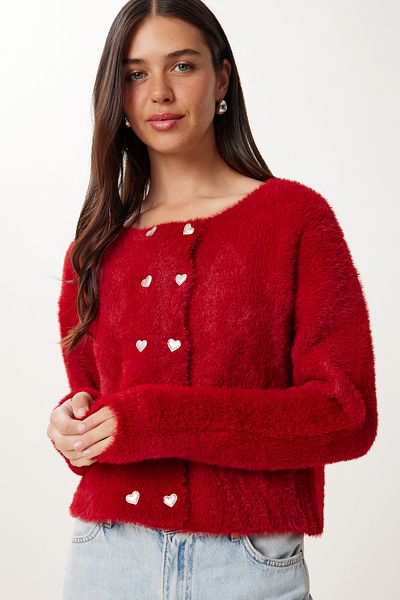 Happiness İstanbul Women's Burgundy Heart Buttoned Bearded Soft Knitwear Cardigan Cr00524