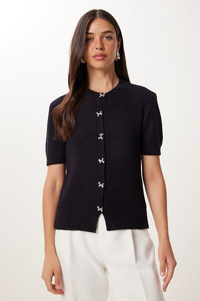 Happiness İstanbul Women's Black Bow Button Soft Textured Cardigan Cr00523