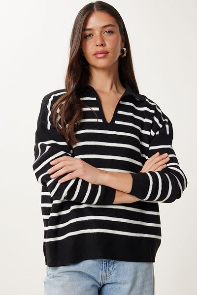 Happiness İstanbul Pulover de damă, negru, vibrant, cu gât polo, tricotat, US00293