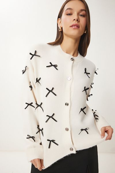 Happiness İstanbul Women's Bone Crew Neck Bow Knitwear Cardigan Us01003