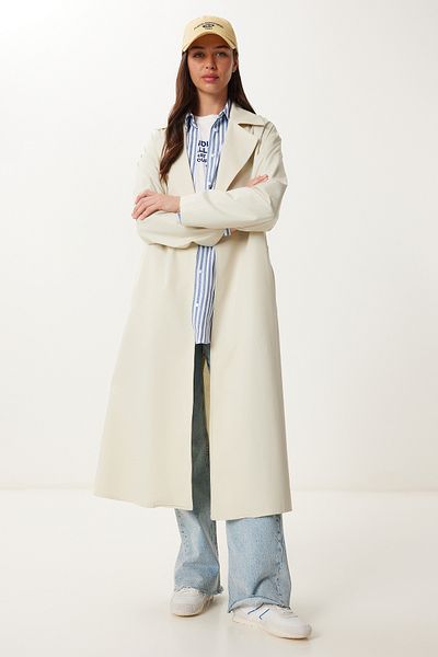 Happiness İstanbul Women's Cream Double Breasted Collar Belted Trench Coat Fg00053