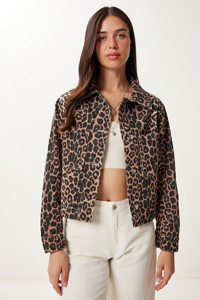 Happiness İstanbul Women's Black Beige Leopard Gabardine Jacket Gp00023
