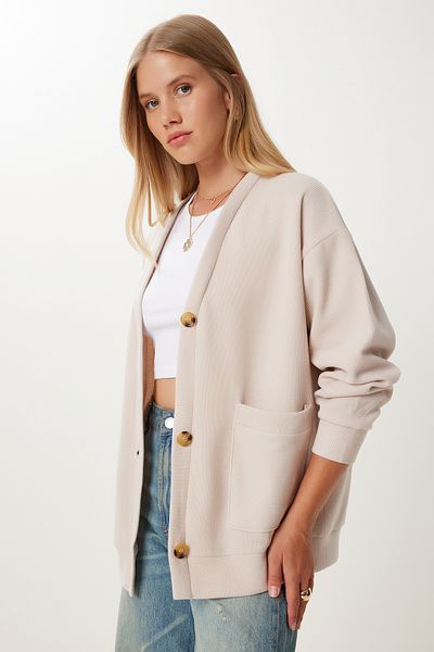 Happiness İstanbul Women's Dark Cream Pocketed Long Knitwear Cardigan Ub00421