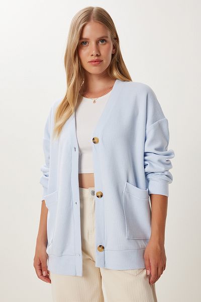 Happiness İstanbul Cardigan lung de tricotaj cu buzunar albastru cer pentru femei UB00421