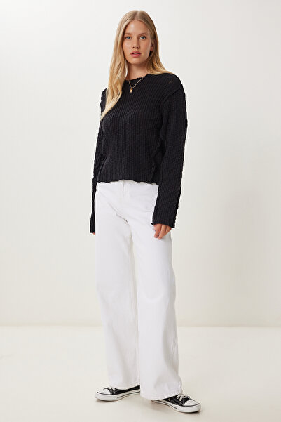 Happiness İstanbul Pulover de tricotaj texturat negru de damă UB00420