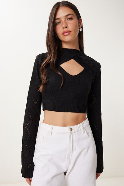 Happiness İstanbul Czarny golf z dzianiny crop-kitny sportowy zestaw - Mt00153