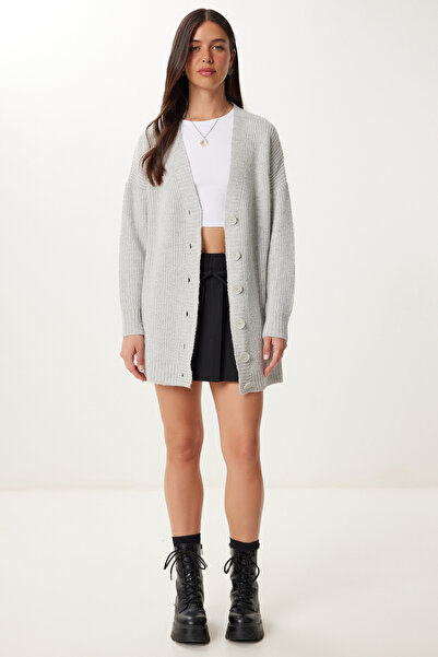 Happiness İstanbul Women's Gray Buttoned Long Knitwear Cardigan Mx00244