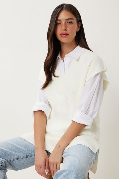 Happiness İstanbul Women's Ecru V-Neck Long Knitwear Sweater Pf00112