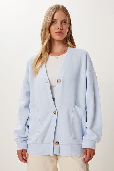 Happiness İstanbul Cardigan lung de tricotaj cu buzunar albastru cer pentru femei UB00421