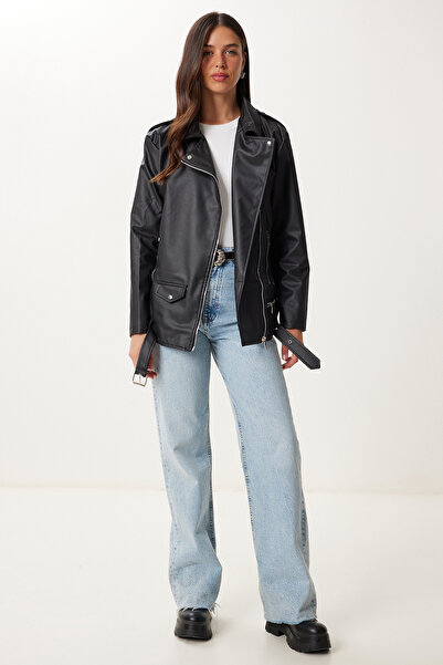 Happiness İstanbul Dámská černá bunda z umělé kůže s páskem GZ00005