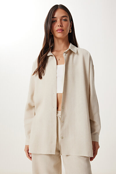 Happiness İstanbul Women's Cream Linen Shirt Pants Suit Fg00056