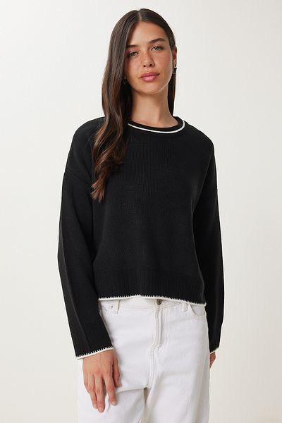 Happiness İstanbul Pulover tricot de bază negru pentru femei PF00010