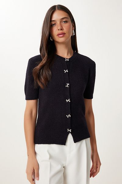 Happiness İstanbul Women's Black Bow Button Soft Textured Cardigan Cr00523