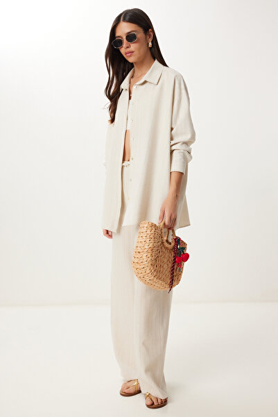 Happiness İstanbul Women's Cream Linen Shirt Pants Suit Fg00061