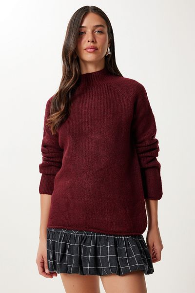 Happiness İstanbul Women's Burgundy Basic Oversize Knitwear Sweater Mx00237