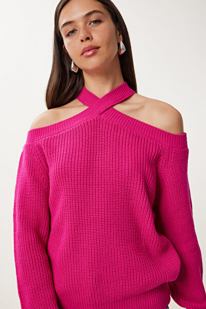 Happiness İstanbul Γυναικείο φούξια πλεκτό πουλόβερ MX00118