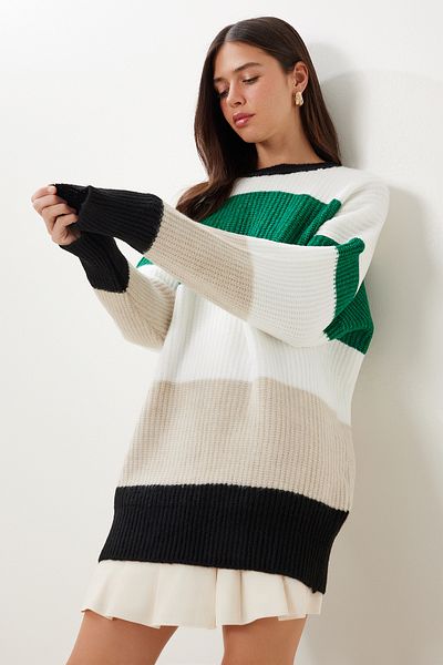 Happiness İstanbul Women's Green Ecru Striped Oversize Knitwear Sweater Mx00241