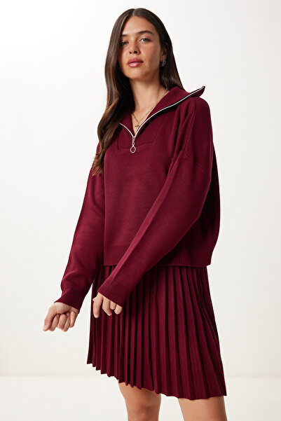 Happiness İstanbul Women's Burgundy Knitwear Sweater Skirt Set Pf00113