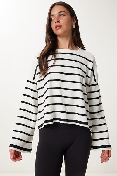 Happiness İstanbul Pulover oversize de tricotaj cu dungi alb-negru pentru femei US00659