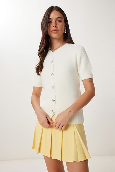Happiness İstanbul Women's Bone Bow Button Soft Textured Cardigan Cr00523