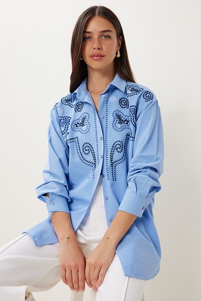 Happiness İstanbul Cămașă țesută broderie albastră pentru femei FG00057