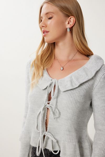 Happiness İstanbul Women's Gray Flounce Tie Detailed Knitwear Cardigan Mx00247