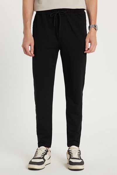 Tudors Unisex Standard Fit Βαμβακερές τσέπες με φερμουάρ με 2 νήματα Ελαστικό δέσιμο ίσιο μαύρο παντελόνι