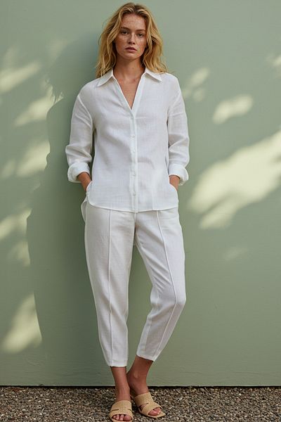 Trendyol Collection White Shirt and Elastic Waist Trousers Linen Look Woven Bottom - Top Set Twoss25Au00120