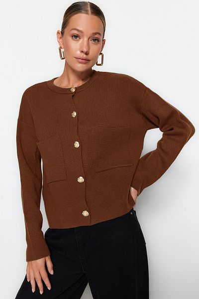 Trendyol Collection Brown Button Detailed Jacket Look Knitwear Cardigan Twoaw24Hi00023