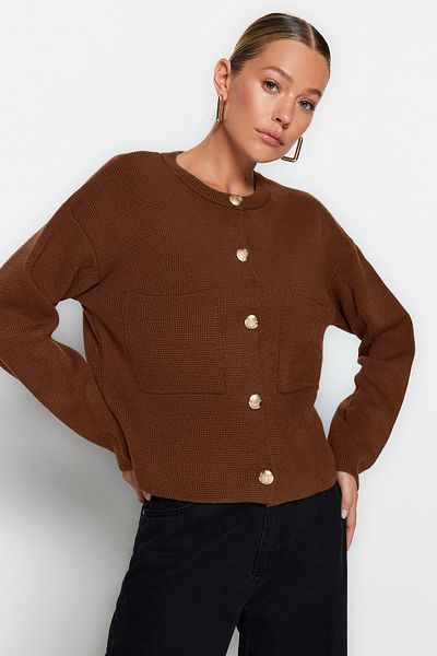 Trendyol Collection Brown Button Detailed Jacket Look Knitwear Cardigan Twoaw24Hi00023