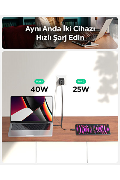 Spigen 65W USB-C 2 Port Mini Hızlı Şarj Aleti Samsung PPS 2.0 / Isı Düşürücü GaN III Akım Korumalı ACH05164