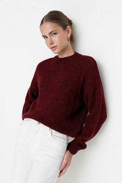 Trendyol Collection Pulover de tricotaj de bază cu textura moale, roșu Claret, model larg TWOAW23KZ00185