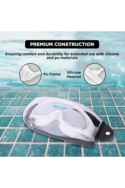 Endless Premium Swimming Goggle | Anti-fog & Uv Protection | White | Big Frame | Hard Case