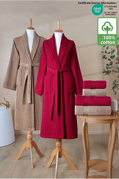 Ellaline Σετ μπουρνούζι 6 τεμαχίων ριγέ 100% βαμβάκι Πιστοποιημένο οικογενειακό σετ μπουρνούζι πετσετών Σετ προίκας Claret Red Brown