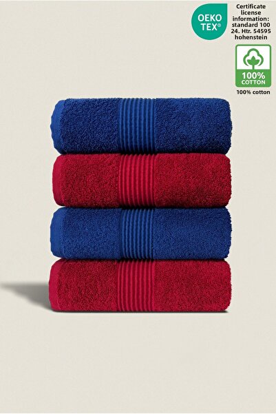 Ellaline 4-Piece Hand Face Towel Set 100% Cotton Certified Bathroom | Kitchen | Dowry Box 50X90Cm Claret Red - Navy Blue