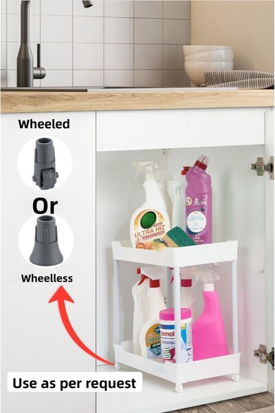 Bayev Class White 2 Tier under Sink Organizer Detergent Bathroom Organizer Shelf Unit with Wheels