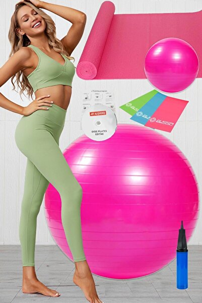 Jet 9 مجموعة بيلاتيس لوحات مجموعة بيلاتيس الكرة حصيرة حصيرة مضخة التوازن 3 قطعة الفرقة المقاومة مرونة الوردي