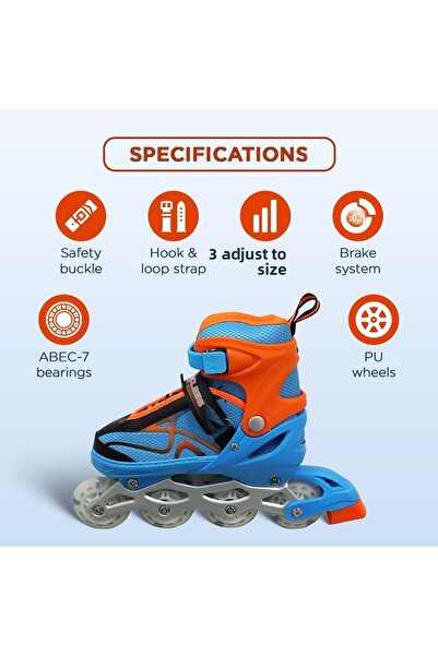 Endless Inline Adjustable Skates | Medium Size 34-38 Eur | Blue, Orange | Flashing Wheels