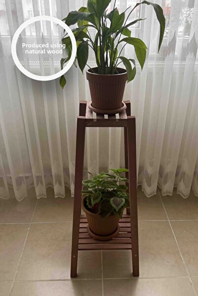 Moola رف ديكور خشبي متعدد الأغراض مكون من طبقتين، طاولة جانبية، رف وعاء زهور خشبي